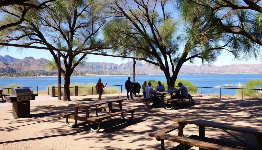 Picnic area at Canyon Lake with tables, grills and lake view