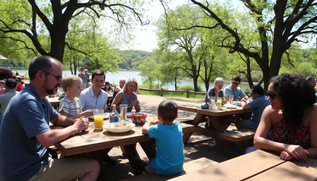 Picnic area at Castle Rock State Park Illinois with families enjoying outdoor meals Picnic area at Castle Rock State Park Illinois with families enjoying outdoor meals