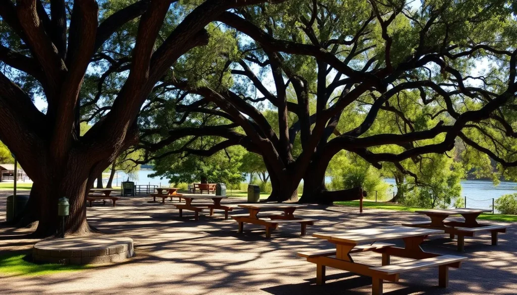 Picnic area at Caswell Memorial State Park with tables set under shade trees near the Stanislaus River Picnic area at Caswell Memorial State Park with tables set under shade trees near the Stanislaus River