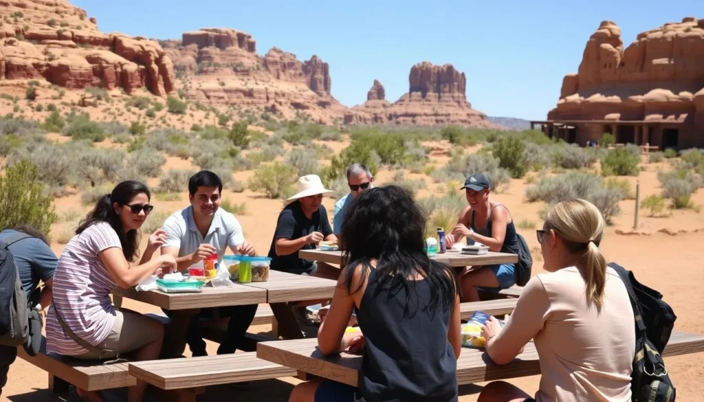 Picnic area at Chaco Culture National Historical Park with people enjoying lunch Picnic area at Chaco Culture National Historical Park with people enjoying lunch