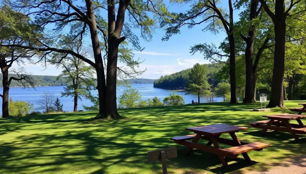 Picnic area at Delaware Water Gap National Recreation Area with tables near the river