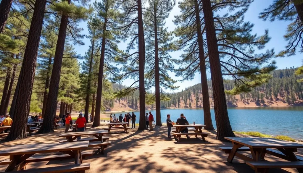Picnic area at Doane Pond in Palomar Mountain State Park with tables set among trees near the water