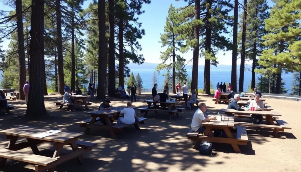 Picnic area at Ed Z'berg Sugar Pine Point State Park with tables under pine trees and lake views Picnic area at Ed Z'berg Sugar Pine Point State Park with tables under pine trees and lake views