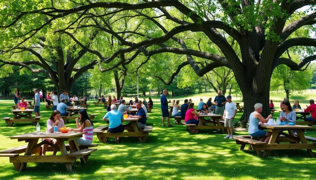 Picnic area at Evansburg State Park Pennsylvania with tables under shade trees and families enjoying outdoor meals
