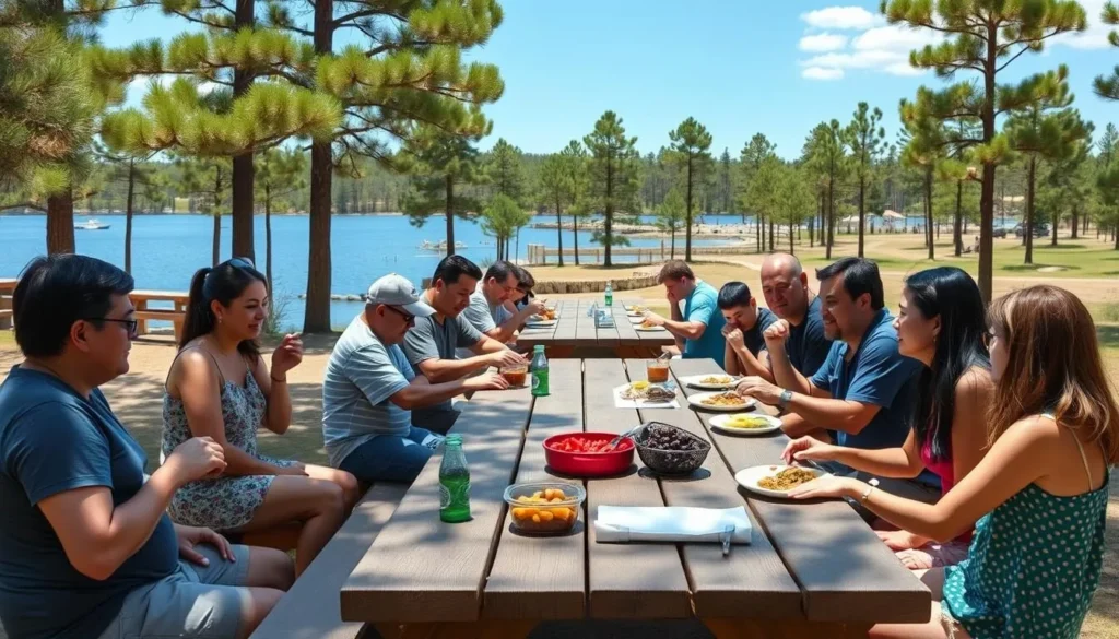 Picnic area at Fenton Lake with families enjoying outdoor meals with lake views Picnic area at Fenton Lake with families enjoying outdoor meals with lake views