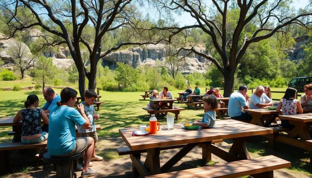 Picnic area at Florida Caverns State Park with families enjoying meals at tables under shade trees Picnic area at Florida Caverns State Park with families enjoying meals at tables under shade trees