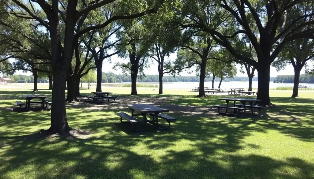 Picnic area at Frank Holten State Park with tables under shade trees near the lake Picnic area at Frank Holten State Park with tables under shade trees near the lake