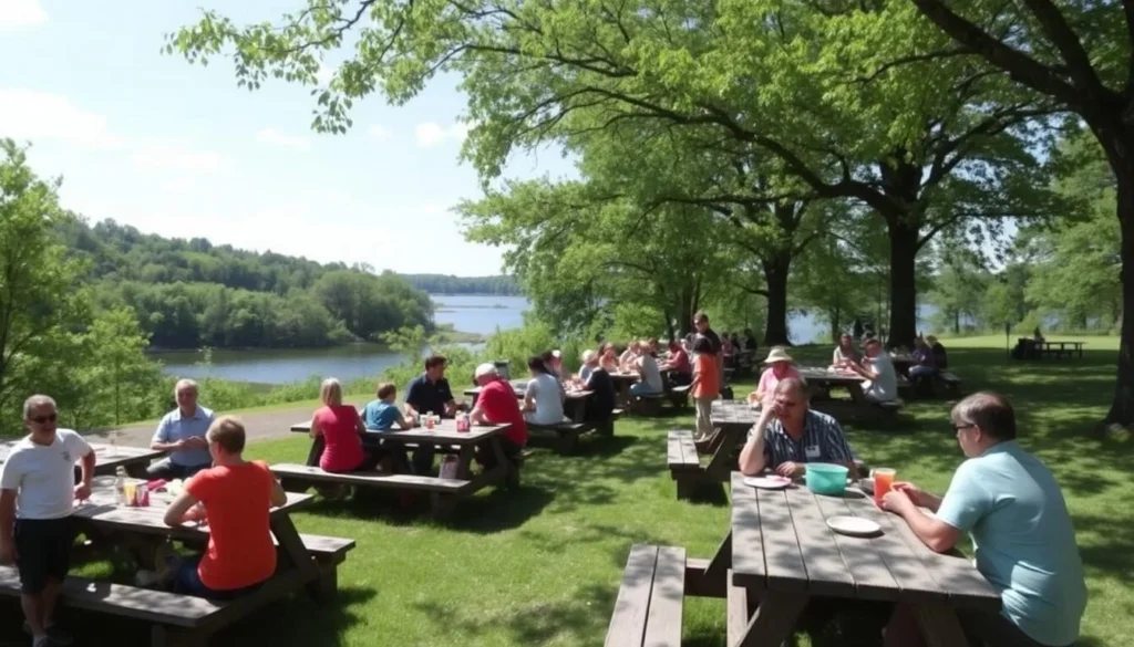 Picnic area at Hamilton County State Park with tables overlooking Dolan Lake Picnic area at Hamilton County State Park with tables overlooking Dolan Lake