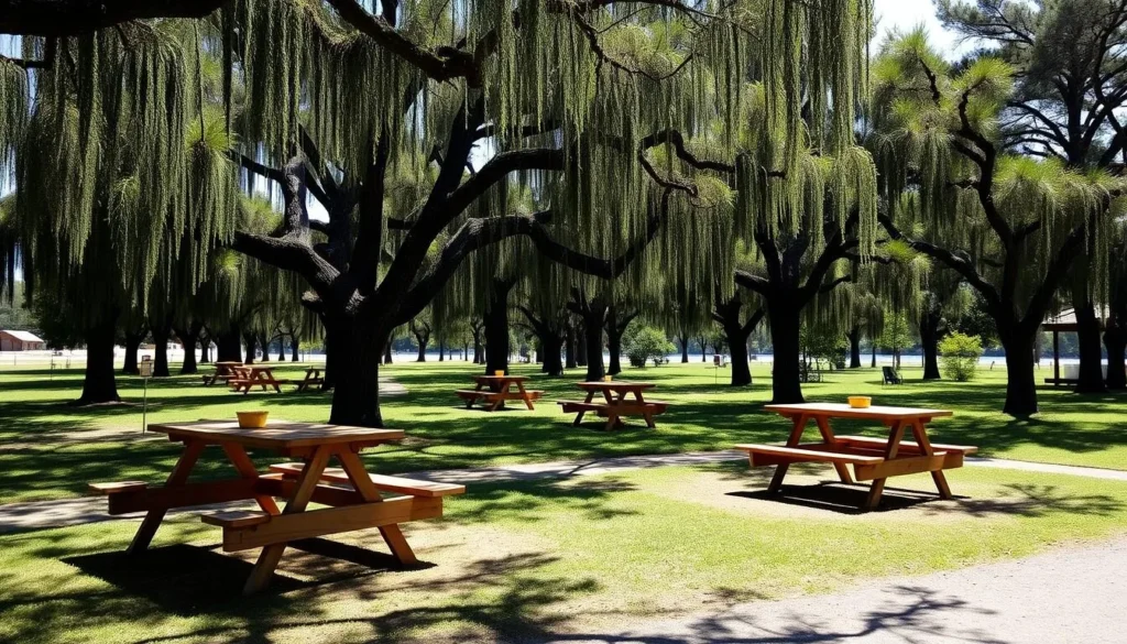 Picnic area at Horseshoe Lake Alexander County State Park Illinois with tables under cypress trees Picnic area at Horseshoe Lake Alexander County State Park Illinois with tables under cypress trees
