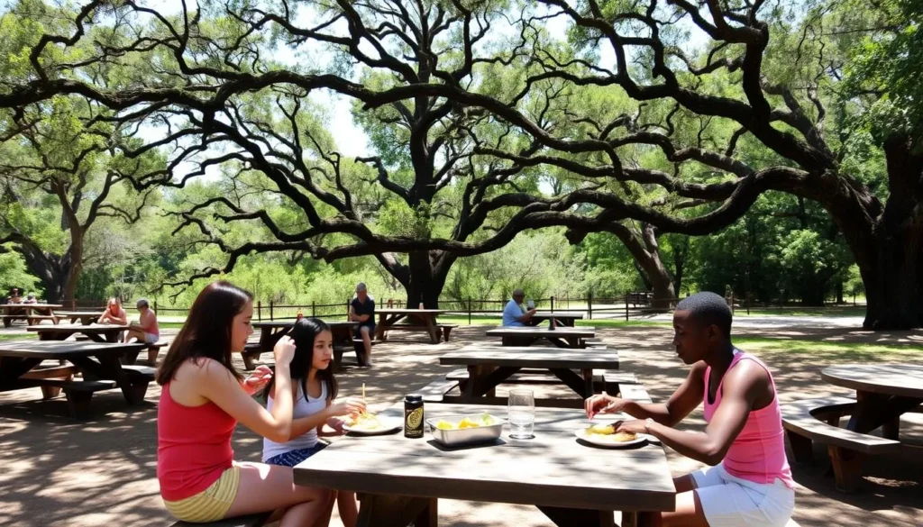 Picnic area at Ichetucknee Springs State Park Florida with tables under shady trees