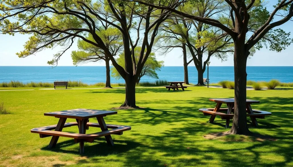 Picnic area at Illinois Beach State Park with tables under trees Picnic area at Illinois Beach State Park with tables under trees