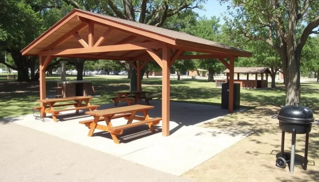Picnic area at Jubilee College State Park Illinois with tables, shelter and grills surrounded by trees Picnic area at Jubilee College State Park Illinois with tables, shelter and grills surrounded by trees