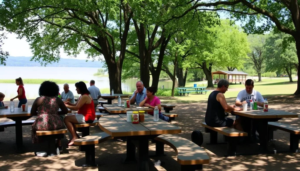 Picnic area at Kinkaid Lake State Park with tables under shade trees and lake view