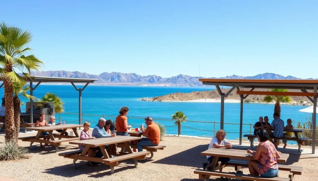Picnic area at Lake Havasu State Park with tables overlooking the water Picnic area at Lake Havasu State Park with tables overlooking the water