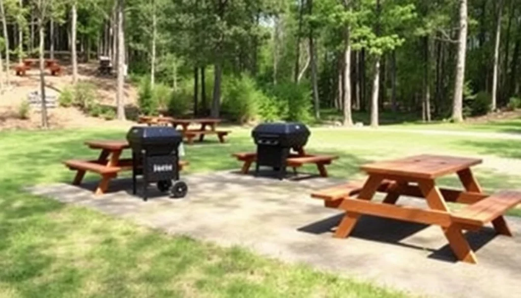 Picnic area at Lake Jean Pennsylvania with tables and grills Picnic area at Lake Jean Pennsylvania with tables and grills