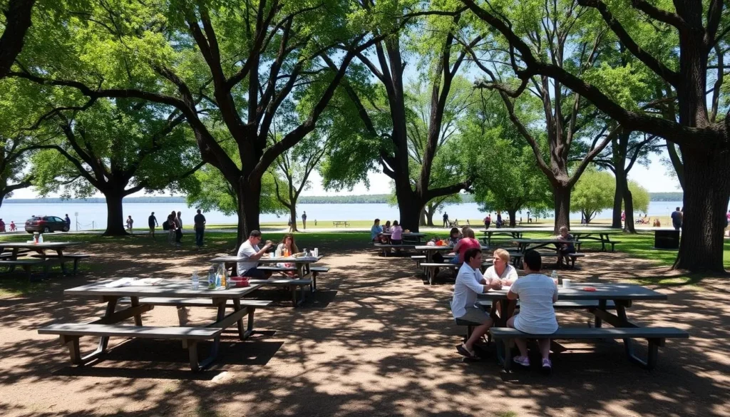 Picnic area at Lake Vermilion with tables under shade trees and diverse families enjoying meals Picnic area at Lake Vermilion with tables under shade trees and diverse families enjoying meals