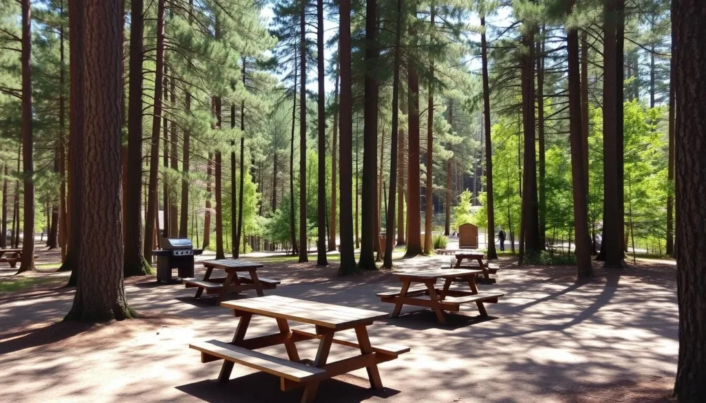 Picnic area at Laurel Summit State Park Pennsylvania with tables surrounded by trees Picnic area at Laurel Summit State Park Pennsylvania with tables surrounded by trees