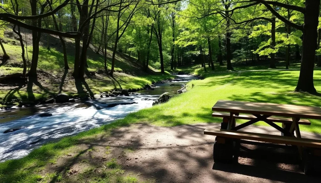 Picnic area at Linn Run State Park with tables near flowing stream Picnic area at Linn Run State Park with tables near flowing stream