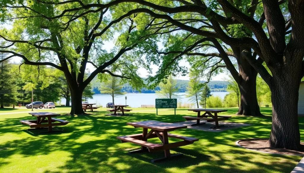 Picnic area at Little Buffalo State Park with tables under shade trees Picnic area at Little Buffalo State Park with tables under shade trees