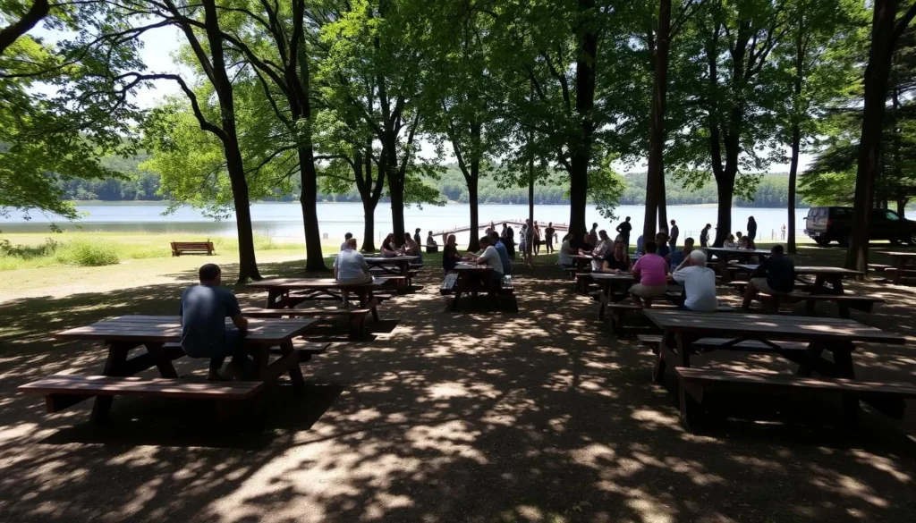 Picnic area at Mauch Chunk Lake with tables overlooking the water Picnic area at Mauch Chunk Lake with tables overlooking the water