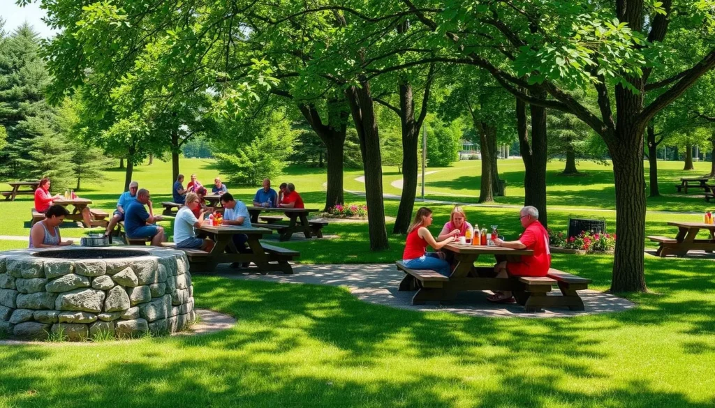 Picnic area at Maurice K. Goddard State Park Pennsylvania with tables and grills Picnic area at Maurice K. Goddard State Park Pennsylvania with tables and grills