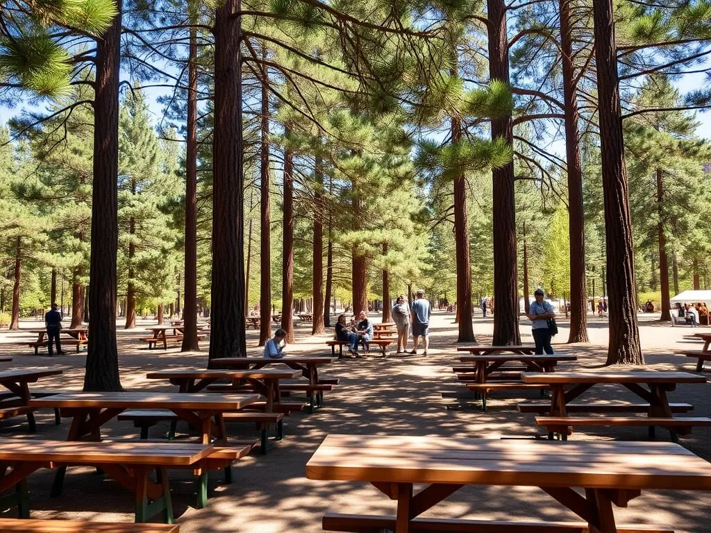Picnic area at McArthur-Burney Falls Memorial State Park with tables under pine trees Picnic area at McArthur-Burney Falls Memorial State Park with tables under pine trees