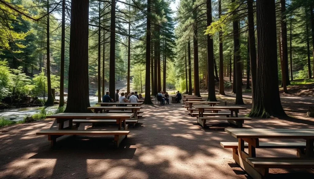 Picnic area at McCalls Dam State Park with tables near White Deer Creek surrounded by hemlock trees Picnic area at McCalls Dam State Park with tables near White Deer Creek surrounded by hemlock trees