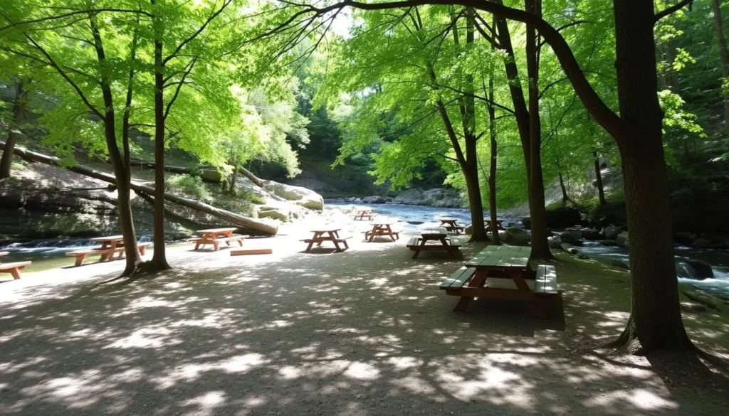 Picnic area at McConnells Mill State Park with wooden tables under shade trees near Slippery Rock Creek Picnic area at McConnells Mill State Park with wooden tables under shade trees near Slippery Rock Creek