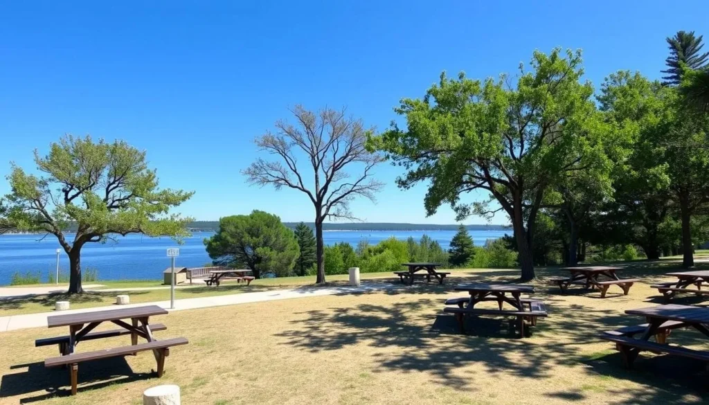 Picnic area at Memorial Lake State Park with tables under shade trees Picnic area at Memorial Lake State Park with tables under shade trees