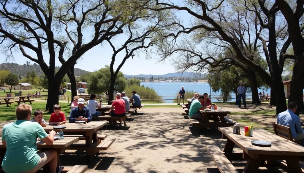 Picnic area at Millerton Lake State Recreation Area California with families enjoying meals Picnic area at Millerton Lake State Recreation Area California with families enjoying meals