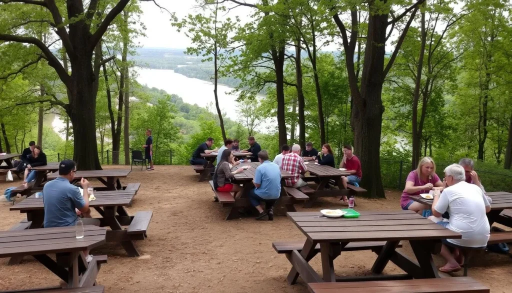 Picnic area at Mississippi Palisades Nature Preserve with tables set among trees and a diverse group enjoying outdoor meals