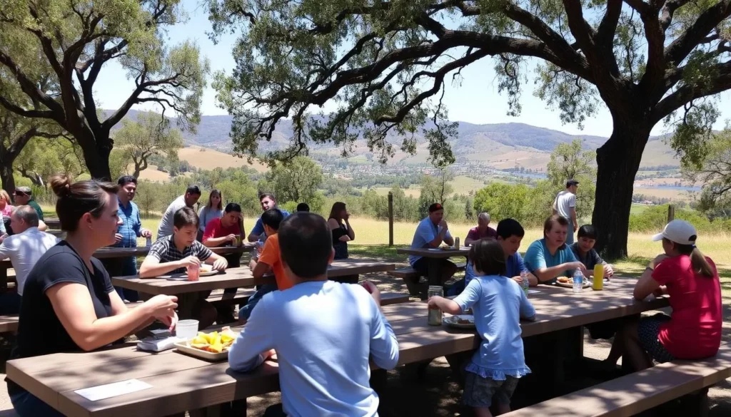 Picnic area at Mount Diablo State Park with families enjoying meals with a view Picnic area at Mount Diablo State Park with families enjoying meals with a view
