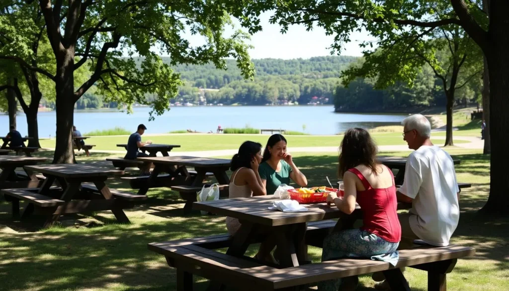 Picnic area at Nockamixon State Park with tables under shade trees Picnic area at Nockamixon State Park with tables under shade trees