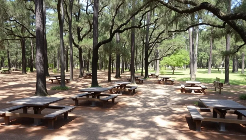 Picnic area at Olustee Battlefield Historic State Park with tables under shade trees