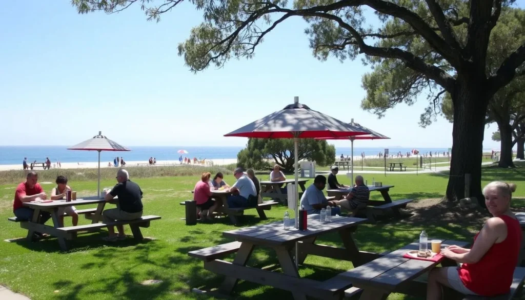 Picnic area at Robert W. Crown Memorial State Beach with families enjoying meals Picnic area at Robert W. Crown Memorial State Beach with families enjoying meals