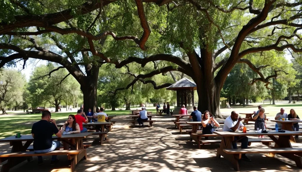 Picnic area at Torreya State Park with tables under shade trees