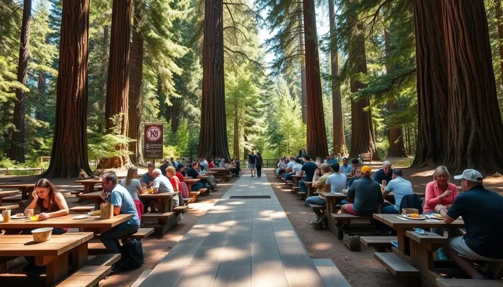 Picnic area in Butano State Park with visitors enjoying lunch among redwood trees