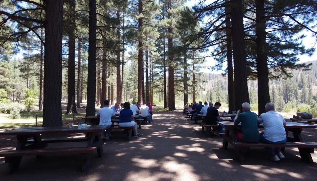 Picnic area in Castle Rock State Park California with visitors enjoying lunch