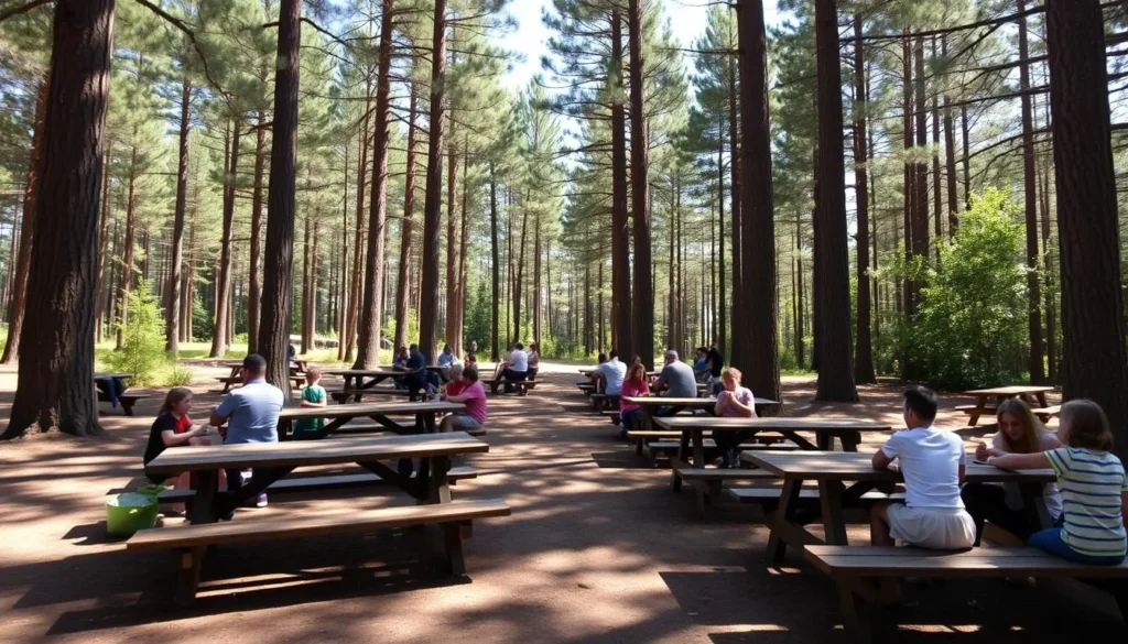 Picnic area in Nolde Forest with tables surrounded by tall pine trees Picnic area in Nolde Forest with tables surrounded by tall pine trees