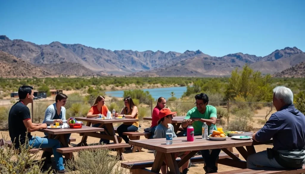 Picnic area near Bill Williams River with visitors enjoying lunch