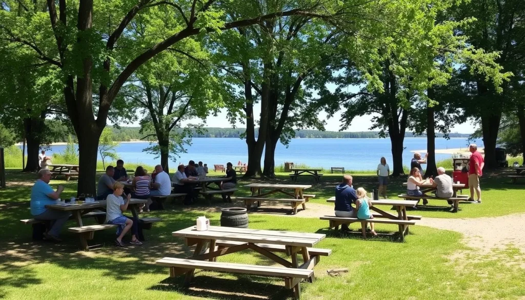 Picnic area with tables near Johnson Lake at Johnson-Sauk Trail State Park Illinois Picnic area with tables near Johnson Lake at Johnson-Sauk Trail State Park Illinois