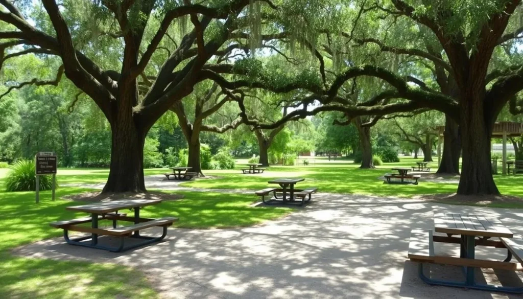 Picnic area with tables under shade trees at Wes Skiles Peacock Springs State Park Florida Picnic area with tables under shade trees at Wes Skiles Peacock Springs State Park Florida