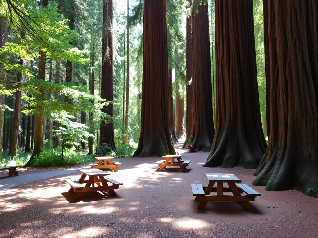 Picnic area with wooden tables among redwood trees in Montgomery Woods State Natural Reserve California Picnic area with wooden tables among redwood trees in Montgomery Woods State Natural Reserve California