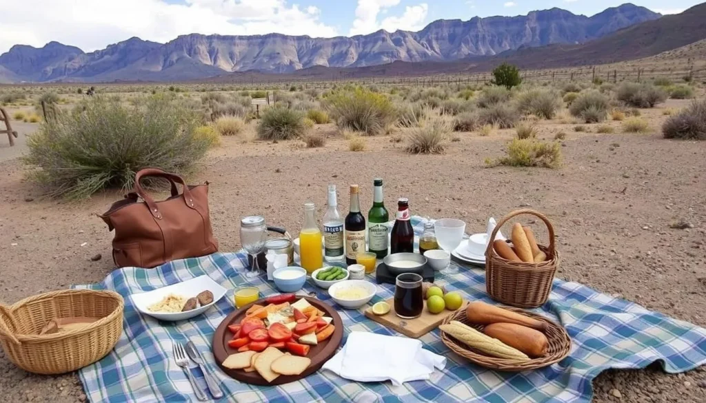 Picnic setup near Crab Cooker Hot Springs with food and drinks Picnic setup near Crab Cooker Hot Springs with food and drinks
