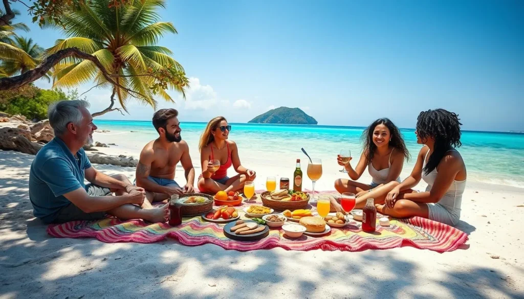 Picnic setup on Emerald Bay Beach with Fannette Island visible in the background Picnic setup on Emerald Bay Beach with Fannette Island visible in the background