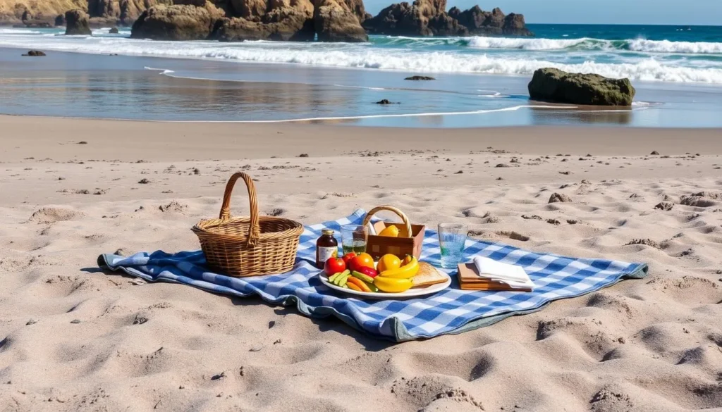 Picnic setup on Pfeiffer Beach with purple sand visible and ocean waves in background