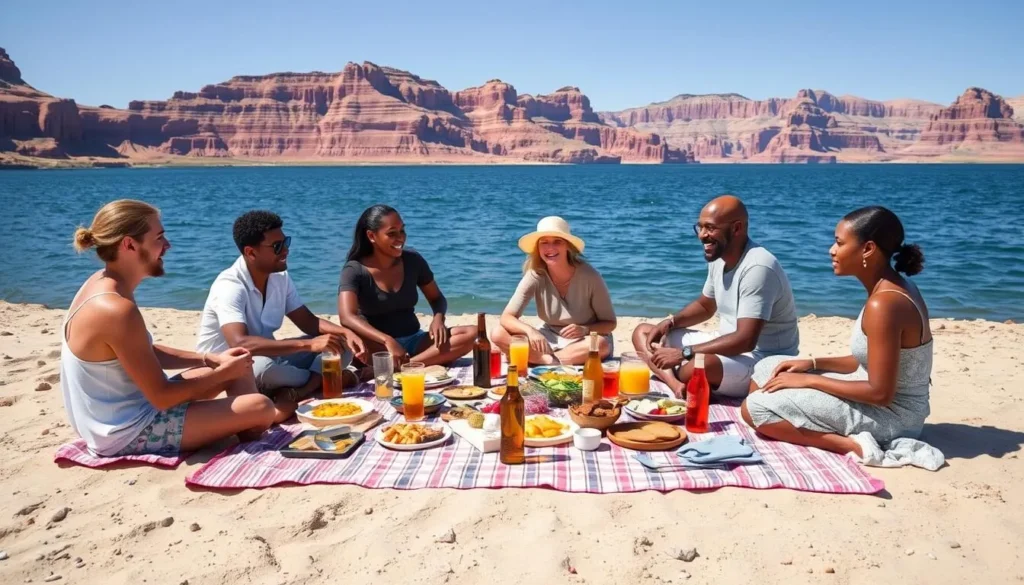 Picnic setup on a beach at Antelope Point with food and drinks and lake view