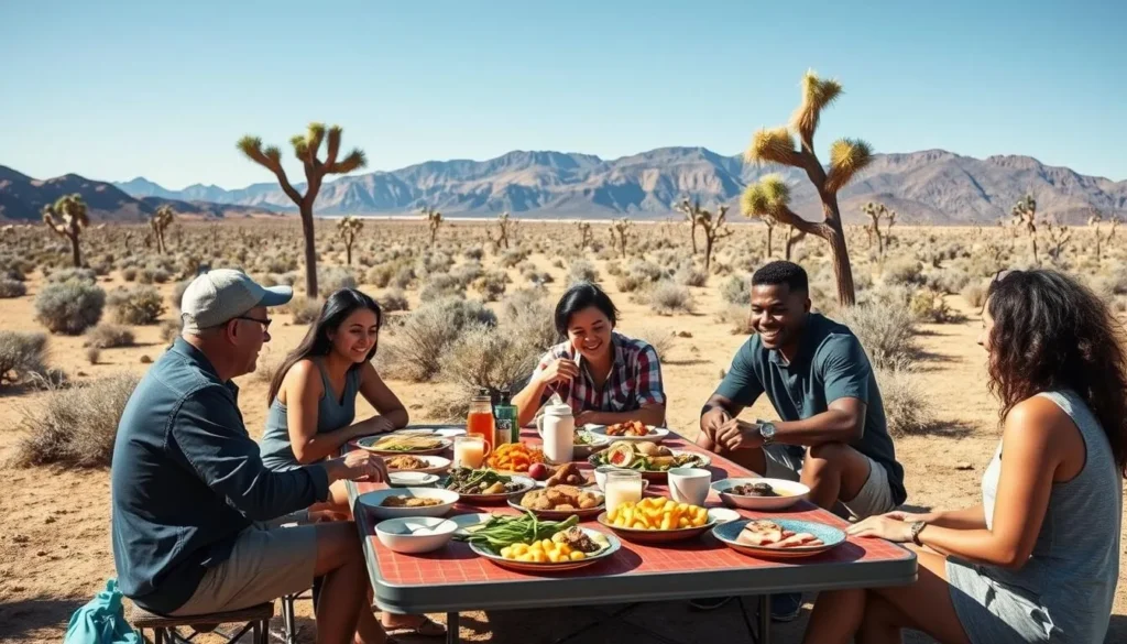 Picnic setup with food spread on a table with desert landscape of Mojave National Preserve in background Picnic setup with food spread on a table with desert landscape of Mojave National Preserve in background