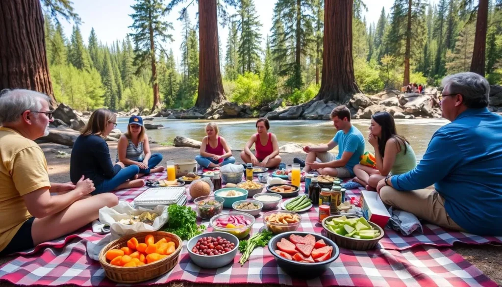 Picnic setup with local foods near Navarro River in Navarro River Redwoods State Park California Picnic setup with local foods near Navarro River in Navarro River Redwoods State Park California