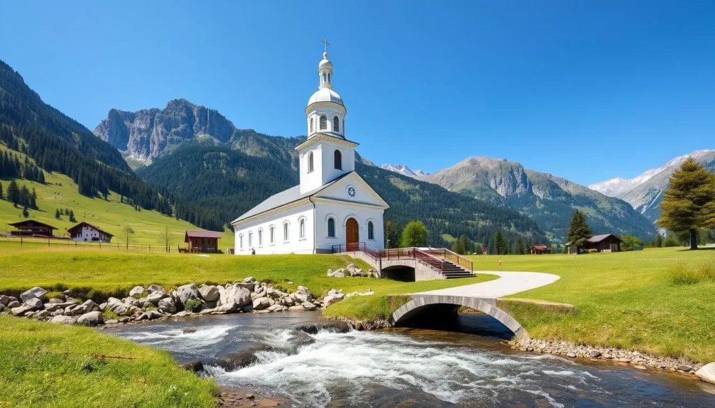 Picturesque St. Sebastian's Church in Ramsau with mountain backdrop and flowing stream
